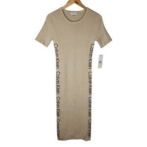 Calvin Klein logo dress size M new with tag beige gold thread stretch fabric